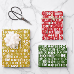 Jolly Christmas Red Green and Gold "HO! HO! HO! Wrapping Paper Sheets