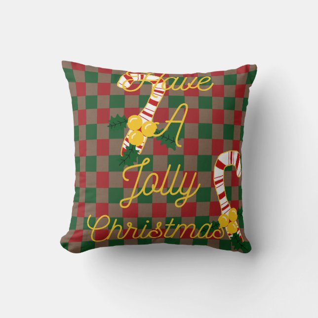 Jolly Christmas Red Green Checker Plaid Candy Cane Throw Pillow (Front)