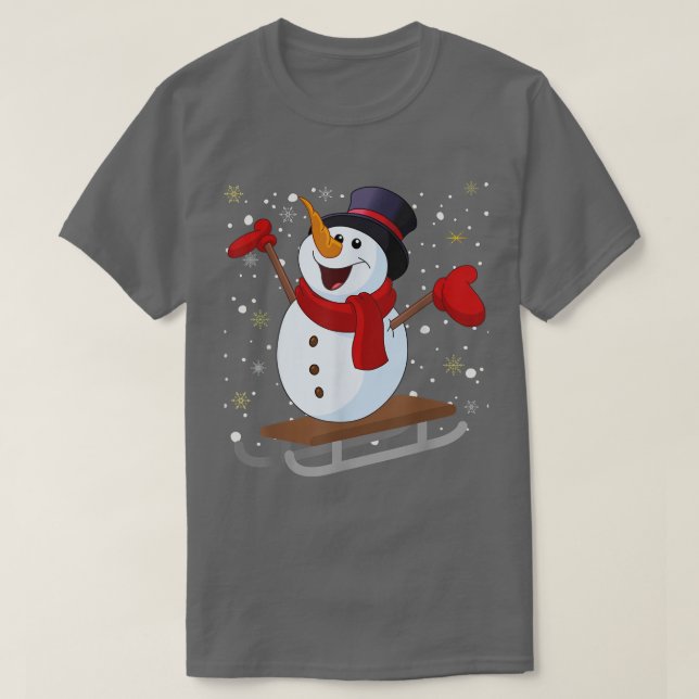 Jolly Christmas Snowman Sledding Tobogganing Winte T-Shirt (Design Front)