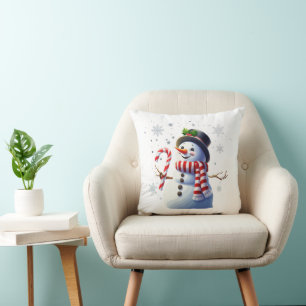 Jolly Christmas Snowman with Candy Cane Throw Pillow