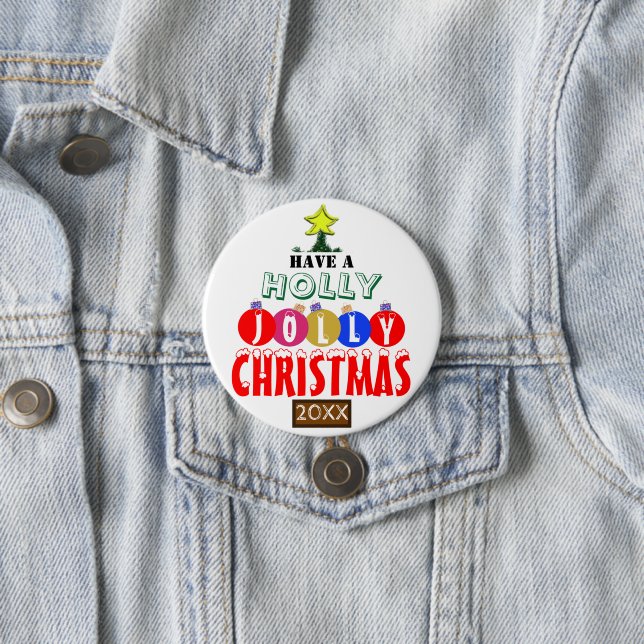 Jolly Christmas Tree Red Blue Gold Ornaments  Button (In Situ)