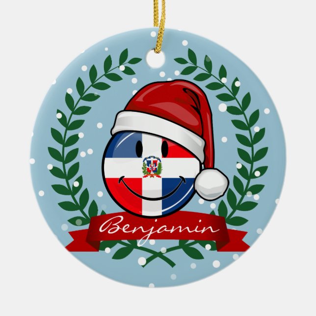 Jolly Dominican Republic Flag Christmas Ceramic Ornament (Front)