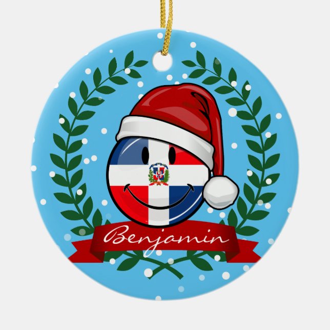 Jolly Dominican Republic Flag Christmas Ceramic Ornament (Front)