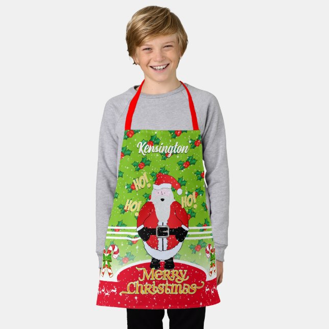 Jolly Fat Santa with Candy Cane and Holly on Green Apron (Worn)