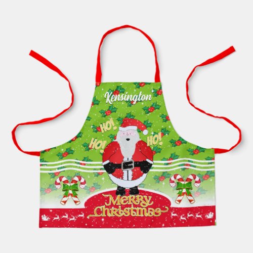 Jolly Fat Santa with Candy Cane and Holly on Green Apron