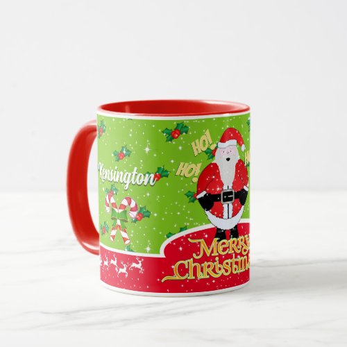 Jolly Fat Santa with Candy Cane and Holly on Green Mug