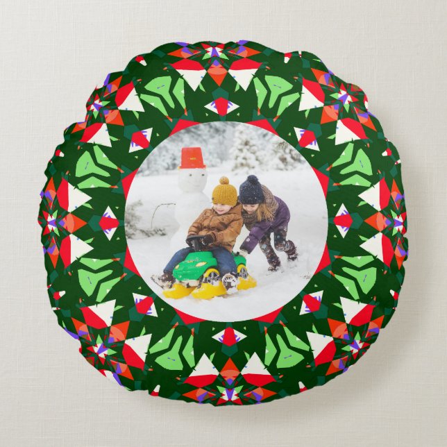 Jolly Festive Custom Christmas Photo Picture Frame Round Pillow (Front)