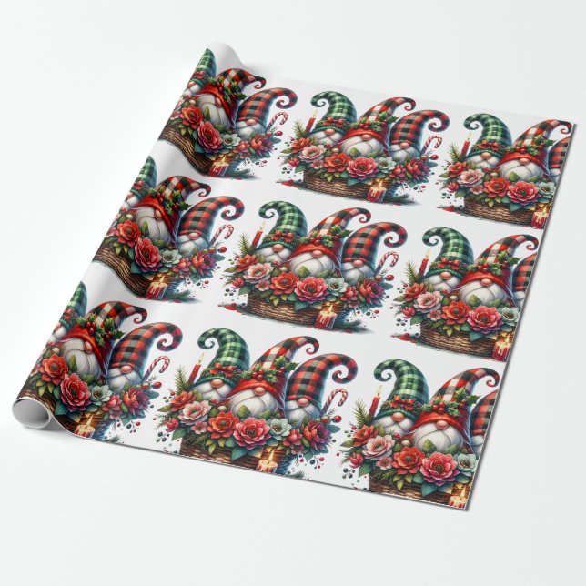 Jolly Gnomes and Holiday Flowers Wrapping Paper (Unrolled)