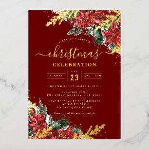 Jolly Gold Leaf Red Foliage Christmas Party       Foil Invitation