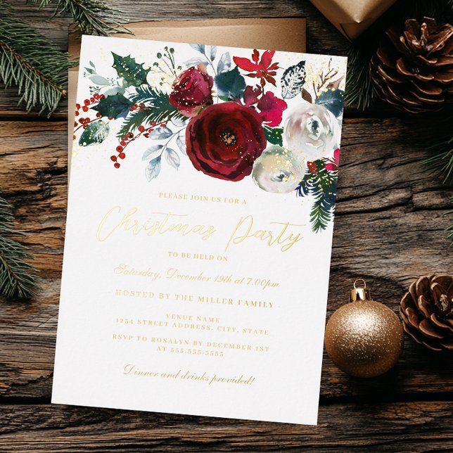 Jolly Gold Shimmer Flowers Christmas Party       Foil Invitation (Creator Uploaded)