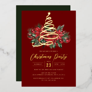 Jolly Gold Tree Red Foliage Christmas Party       Foil Invitation
