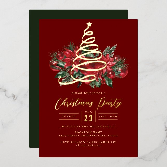 Jolly Gold Tree Red Foliage Christmas Party       Foil Invitation (Front/Back)
