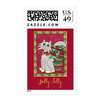 Jolly Gray and White Cat with Holly Holiday Postage