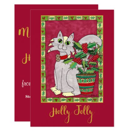 Jolly Gray and White Cat with Holly Personalized Card