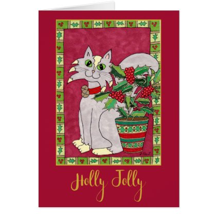 Jolly Gray and White Cat with Holly Personalized Card