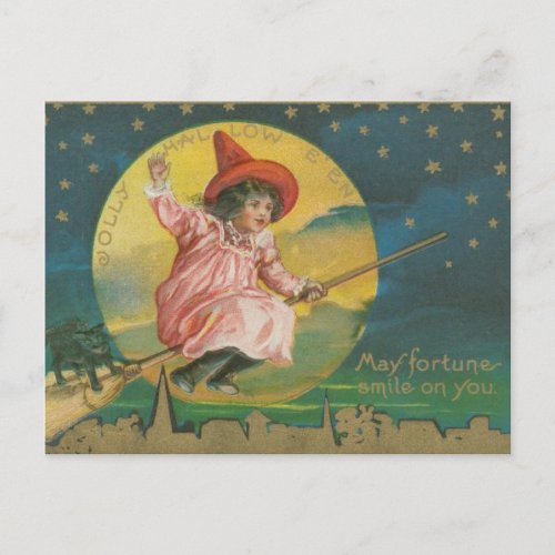 Jolly Halloween Pink Witch on Broom Vintage Postcard