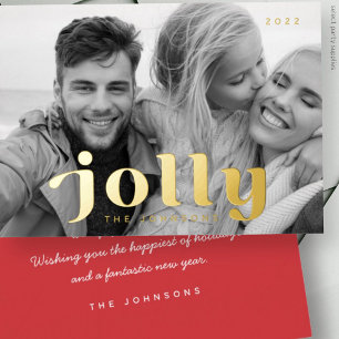 Jolly Happy Holidays Modern Simple Family Photo Foil Holiday Card