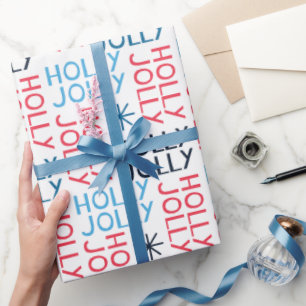 Jolly Holly Typography Red Blue White Christmas Wrapping Paper