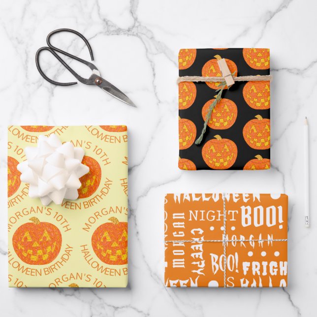 Jolly Jack O Lantern Cute Birthday Theme Halloween Wrapping Paper Sheets (Front)