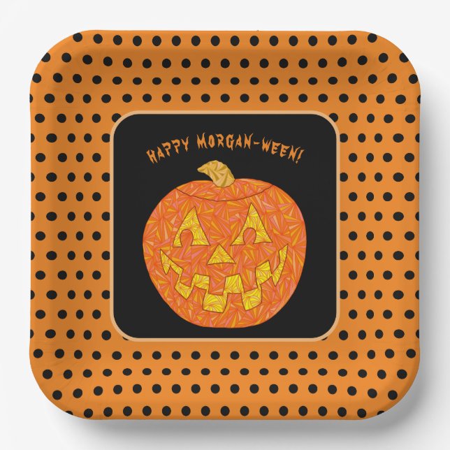 Jolly Jack O Lantern Cute Custom Happy Halloween Paper Plates (Front)