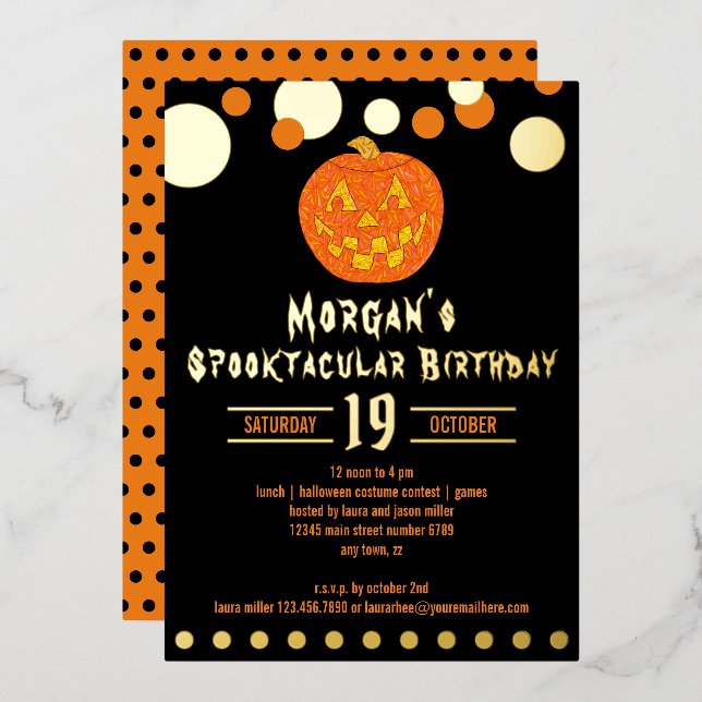 Jolly Jack O Lantern Kids Adult Halloween Birthday Foil Invitation (Front/Back)
