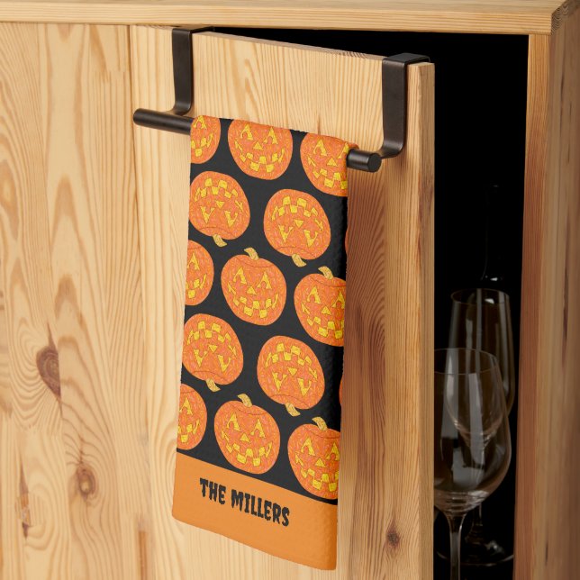 Jolly Jack O Lantern Pattern Cute Black Halloween Kitchen Towel (Thirds Fold)