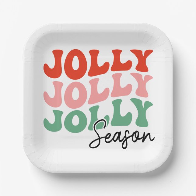 Jolly Jolly Jolly Season  Retro Holiday Typography Paper Plates (Front)