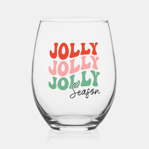 Jolly Jolly Jolly Season Retro Holiday Typography Stemless Wine Glass
