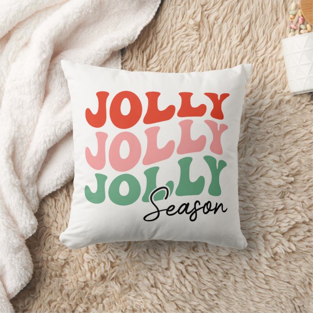 Jolly Jolly Jolly Season  Retro Holiday Typography Throw Pillow (Blanket)