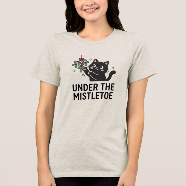 Jolly Joy Black Cat Mistletoe Cartoon T-Shirt Tri-Blend Shirt (Front)