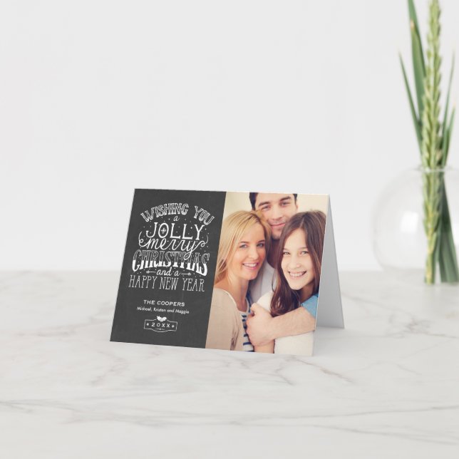 Jolly Merry Christmas Chalkboard Family Photo Holiday Card (Front)