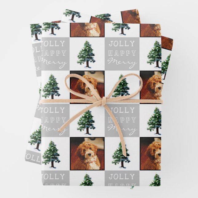 Jolly Merry Dog Pet Photo Tree Snow Christmas Wrapping Paper Sheets (In situ)
