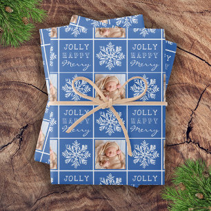 Jolly Merry Snowflake Photo Christmas Holiday Wrapping Paper Sheets