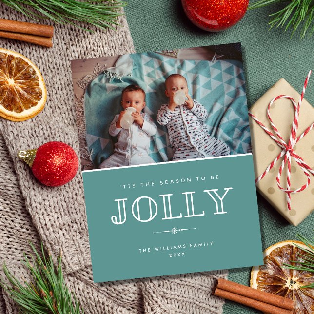 Jolly Modern Teal Family Photo Christmas Holiday Postcard (Jolly Modern Teal Family Photo Christmas Holiday Postcard)