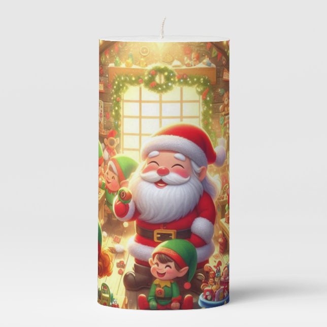 Jolly Old Saint Nickolas and His Elves on Scented  Pillar Candle (Front)