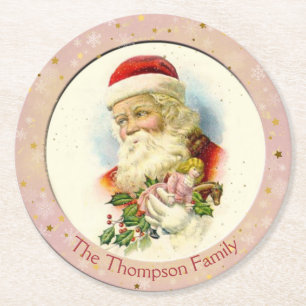 Jolly Old St. Nick Holding a Vintage Doll Round Paper Coaster