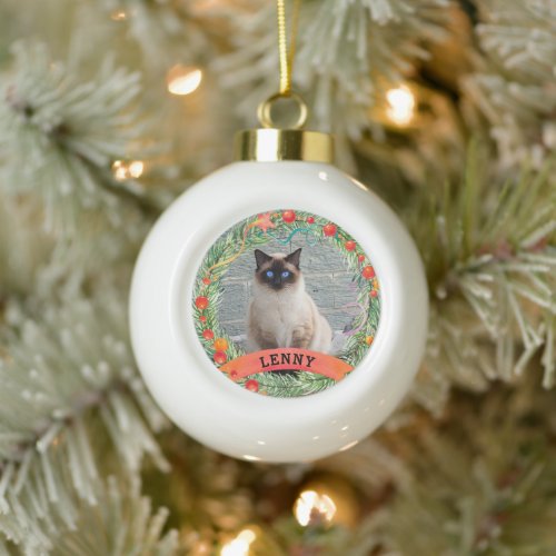 Jolly Pet Photo Cat Berry Wreath Christmas   Ceramic Ball Christmas Ornament