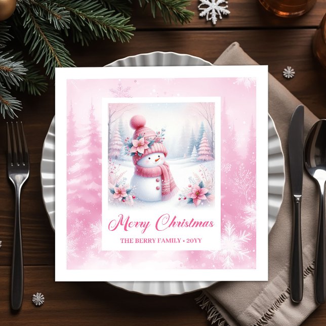 Jolly Pink Snowman Christmas Scene Napkins Kids   (Jolly Pink Snowman Christmas Scene Napkins Kids Holiday)