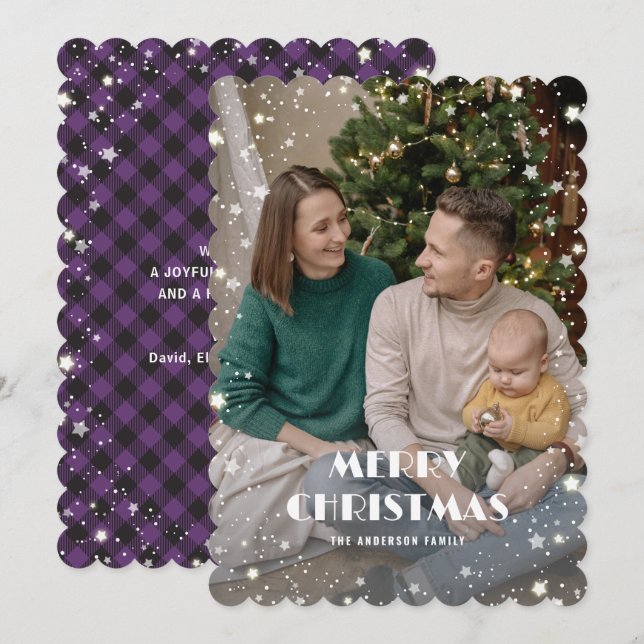 Jolly Purple Plaid Starry Photo Merry Christmas Holiday Card (Front/Back)