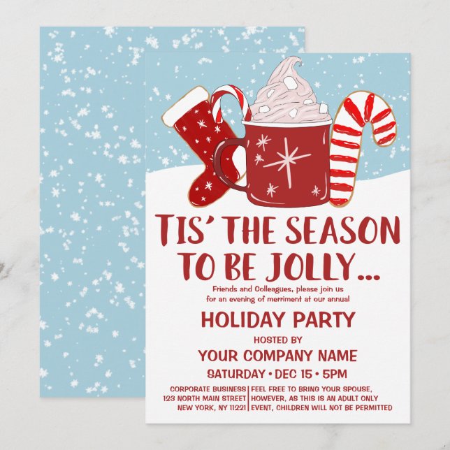 Jolly Red Blue Cocoa Candy Cane Corporate Holiday Invitation (Front/Back)