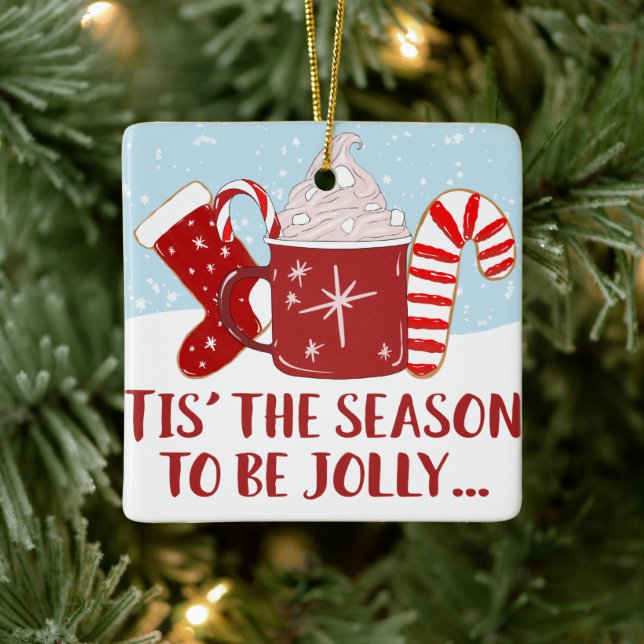 Jolly Red Blue Cocoa Candy Cane Stocking Christmas Ceramic Ornament (Tree)