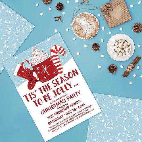 Jolly Red Blue Cocoa Candy Cane Stocking Christmas Invitation