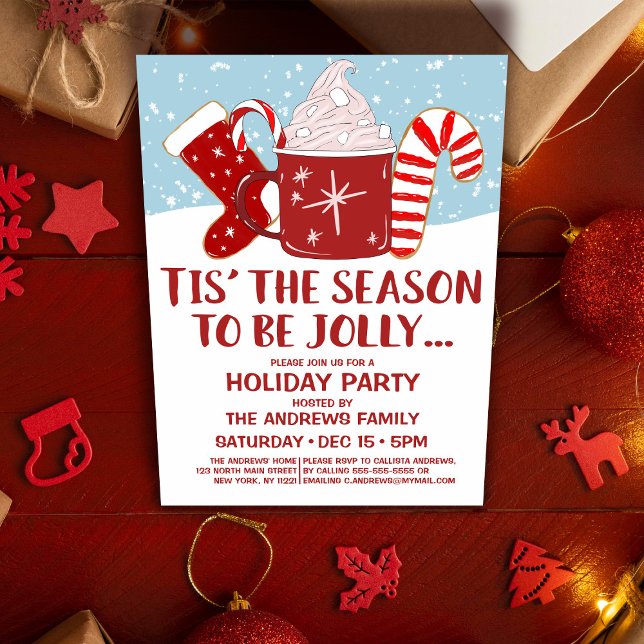 Jolly Red Blue Cocoa Candy Cane Stocking Holiday Invitation (Creator Uploaded)