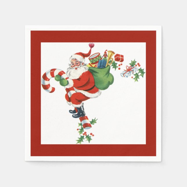 Jolly Retro Santa Riding Candy Cane Red Paper Napkins (Front)