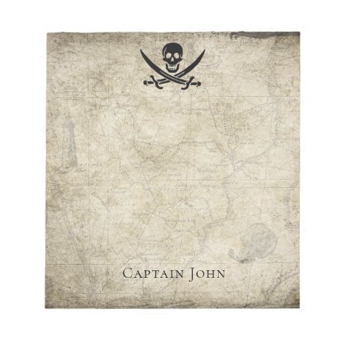 Jolly Roger and Name on Vintage Map Notepad