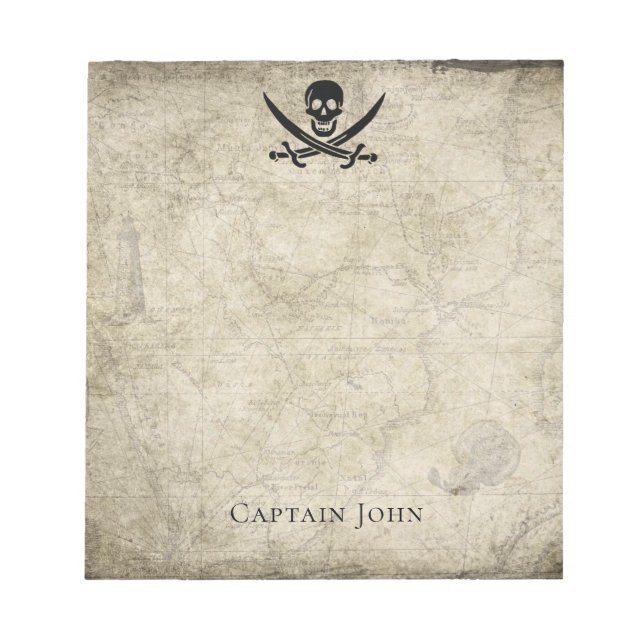 Jolly Roger and Name on Vintage Map Notepad (Front)