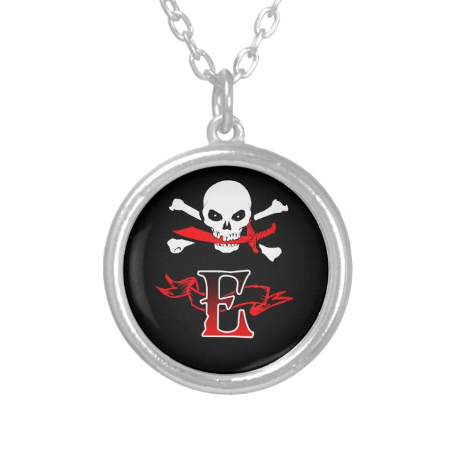 Jolly Roger E Monogram Initial Silver Plated Necklace (Front)