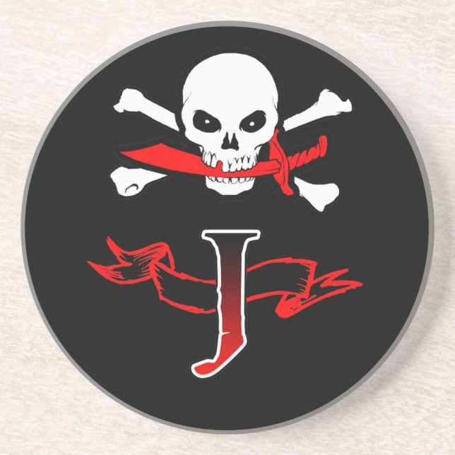 Jolly Roger J Monogram Initial Drink Coaster (Front)