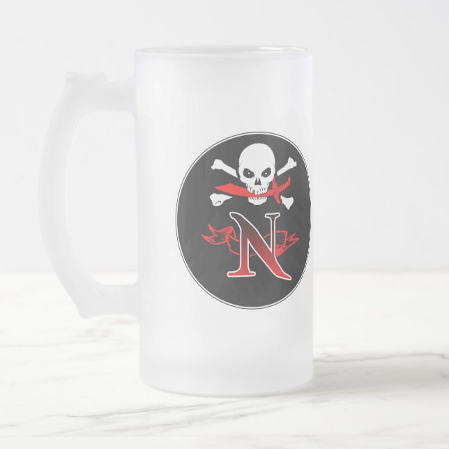 Jolly Roger N Monogram Initial Frosted Glass Beer Mug (Left)