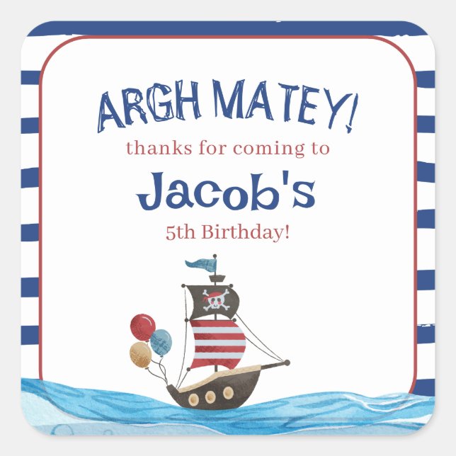 Jolly Roger Pirate Ahoy Matey Birthday Party favor Square Sticker (Front)